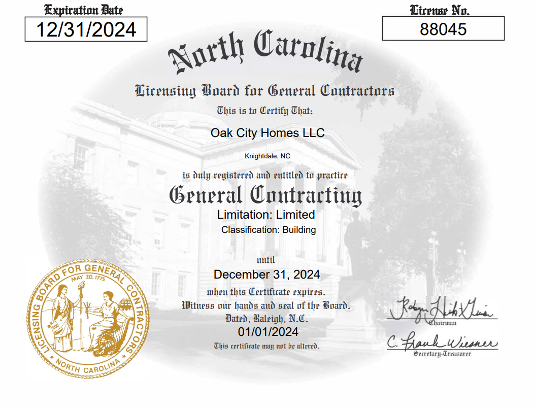 Oak City Homes GC License