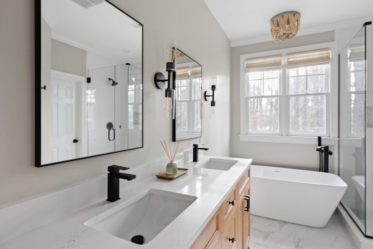 Raleigh Bathroom Remodel Mirrors Black Frame with White Counters