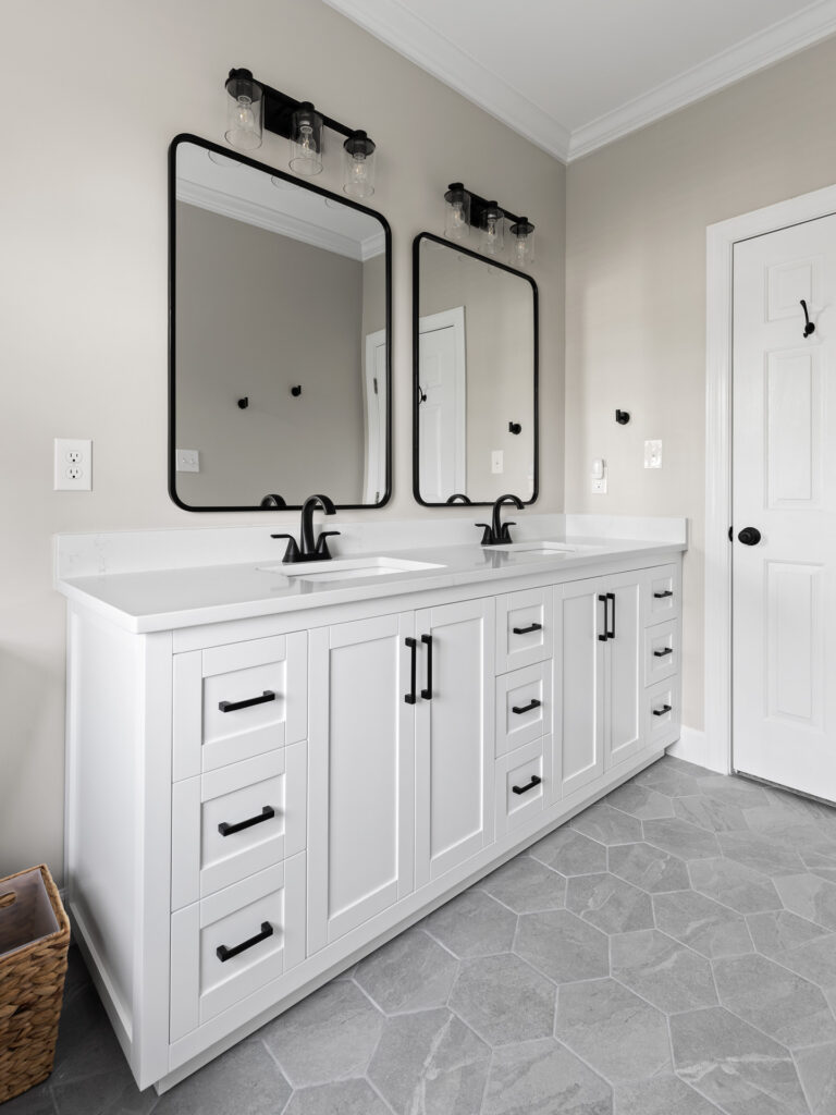 Raleigh Bathroom Remodel White Vanity Black Hardware