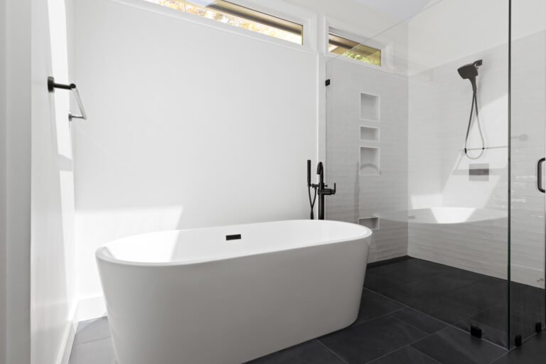 Apex Bathroom Remodel Dark Tile Floors
